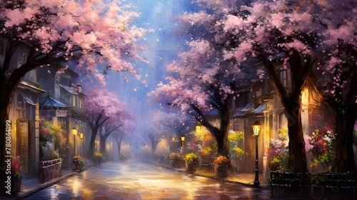 Enchanted Evening Cherry Blossoms Cobblestone Street Lamps Twilight