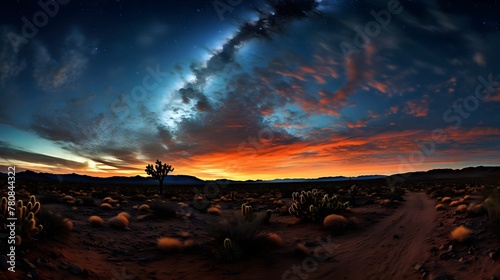 Desert Twilight Sky Stars Cacti Silhouette Panoramic Dusk Vibrant