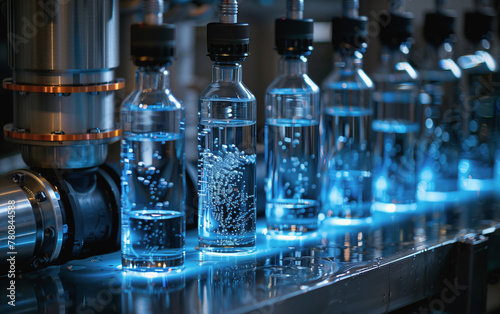 laboratory bottles filled with a blue liquid and air bubbles