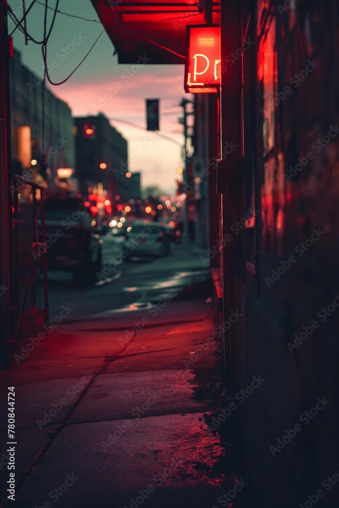 A moody urban scene capturing the glowing neon signs and the bustling city life during twilight