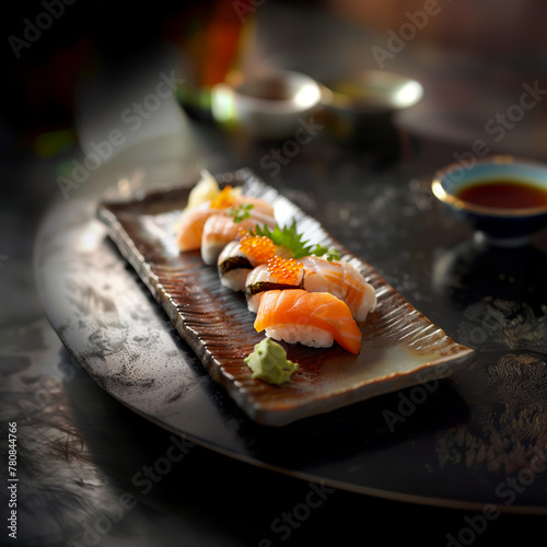 An exquisite arrangement of sushi and sashimi elegantly served on a slate plate, detailing the art of Japanese cuisine