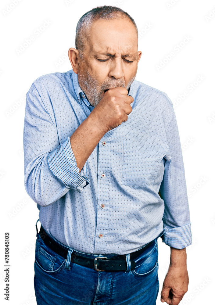 Senior man with grey hair and beard wearing casual blue shirt feeling unwell and coughing as symptom for cold or bronchitis. health care concept. Senior man with grey hair and beard wearing casual blue shirt feeling unwell and coughing as symptom for cold or bronchitis. health care concept.