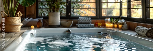 An inviting home spa bathtub setup with ambient lighting, towels, and bath accessories for a relaxing soak