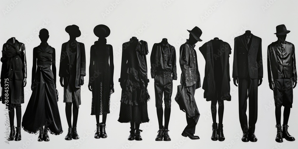 Group of mannequins in black attire, suitable for fashion or retail concept