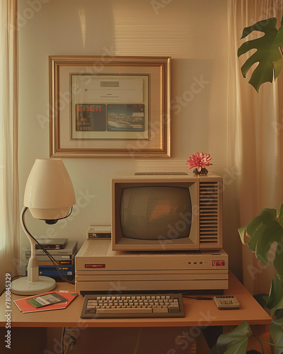 Retro computing corner, a shrine to vintage technology, with a classic beige computer and floppy disks