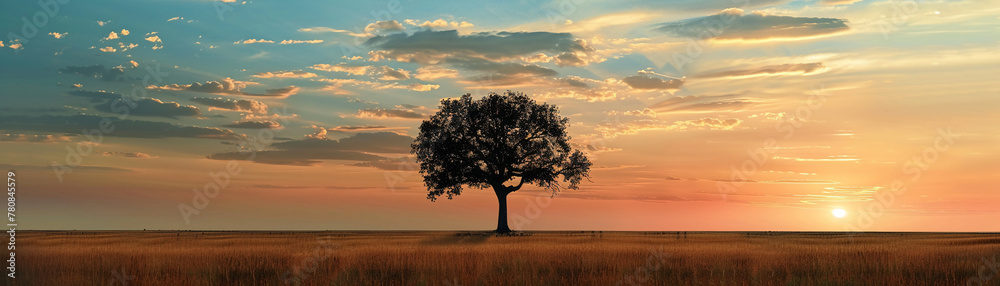 A lone tree stands in the savannah, silhouetted against a sunset sky, embodying solitude and natural grace A lone tree stands in the savannah, silhouetted against a sunset sky, embodying solitude and natural grace