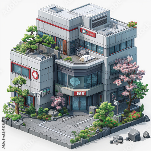 isometric pixel art depicting a multi-level hospital photo