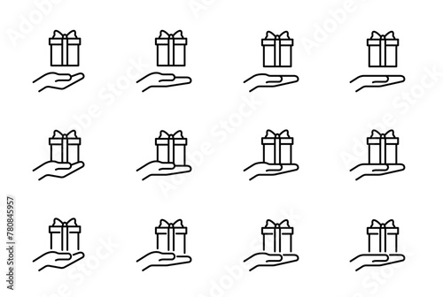 Hand is holding, giving, receiving, donating of one gift box. Different types of hand with present. Set of outline icons (thin line vector). Editable Strokes