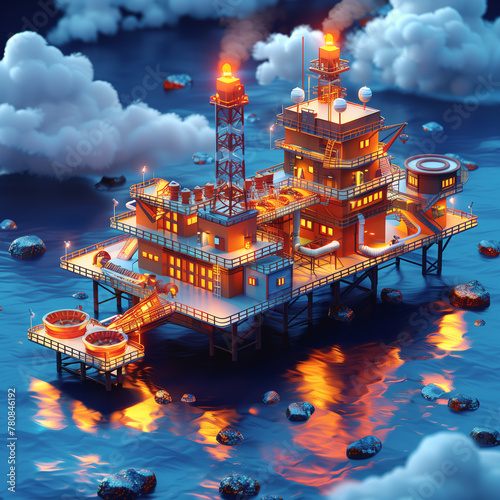 Isometric Oil Platform on Ocean at Night photo