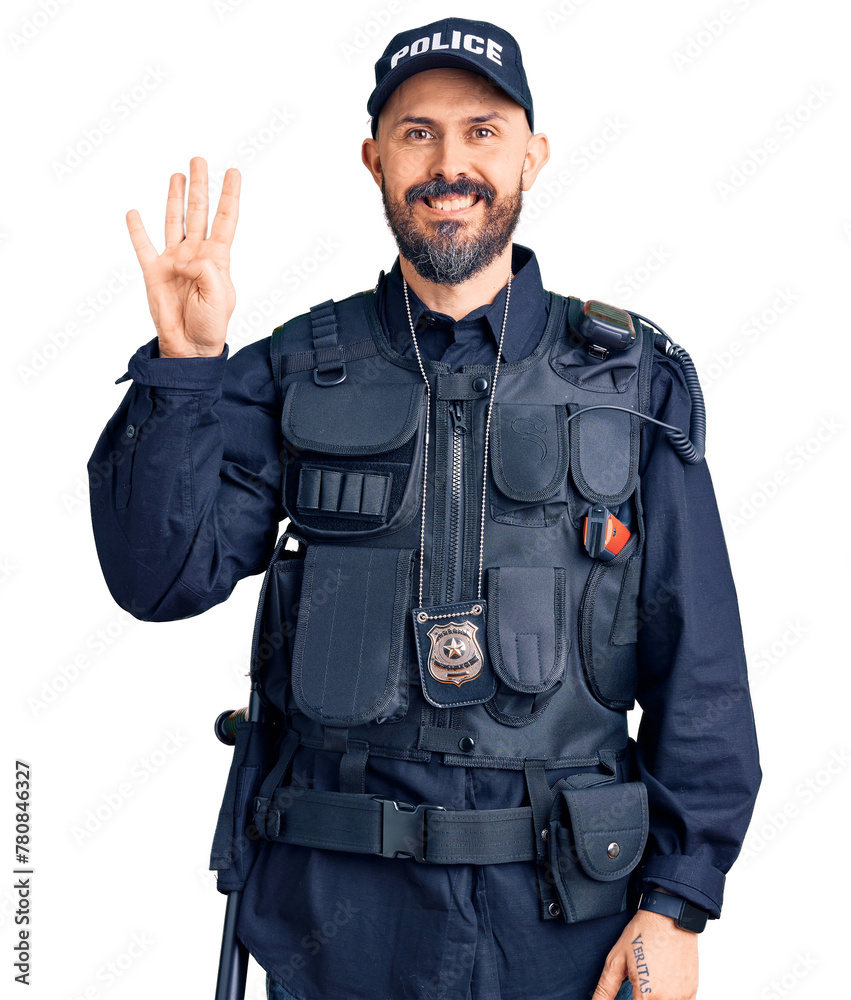 Young handsome man wearing police uniform showing and pointing up with fingers number four while smiling confident and happy. Young handsome man wearing police uniform showing and pointing up with fingers number four while smiling confident and happy.