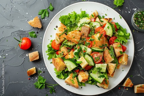 Traditional Fattoush salad with pita croutons veggies herbs on plate top view