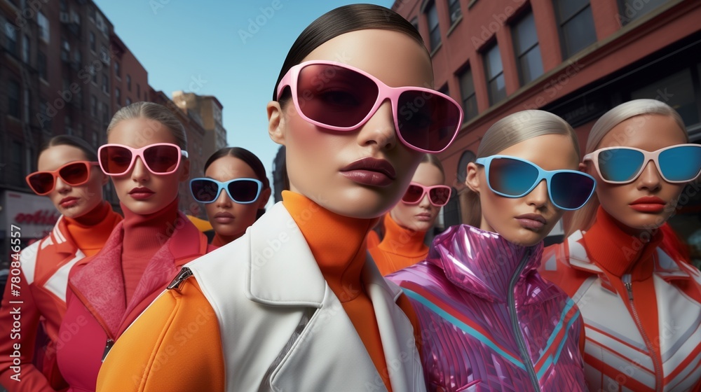  Vibrant sport fashion comes to life on the city streets as beautiful female models strike poses in bright sports suits and sunglasses, each frame captured in stunning HD detail.