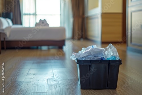 Trash container with plastic inside in hotel or resort bedroom with wooden floor and furniture photo