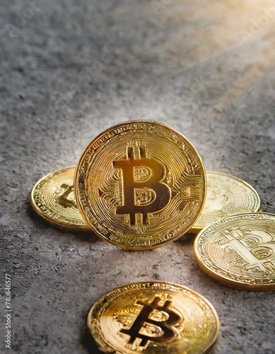 Bitcoin Münzen auf grauem Boden glänzen. Goldene Bitcoins liegen auf Platte - Gold und Bitcoins im Gleichschritt - sieben