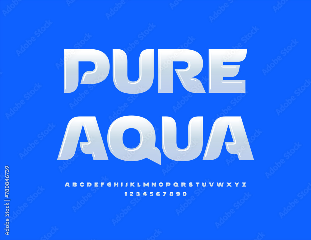 Vector eco concept Pure Aqua. Stylish White Font. Modern Glossy Alphabet Letters and Numbers set. Vector eco concept Pure Aqua. Stylish White Font. Modern Glossy Alphabet Letters and Numbers set.