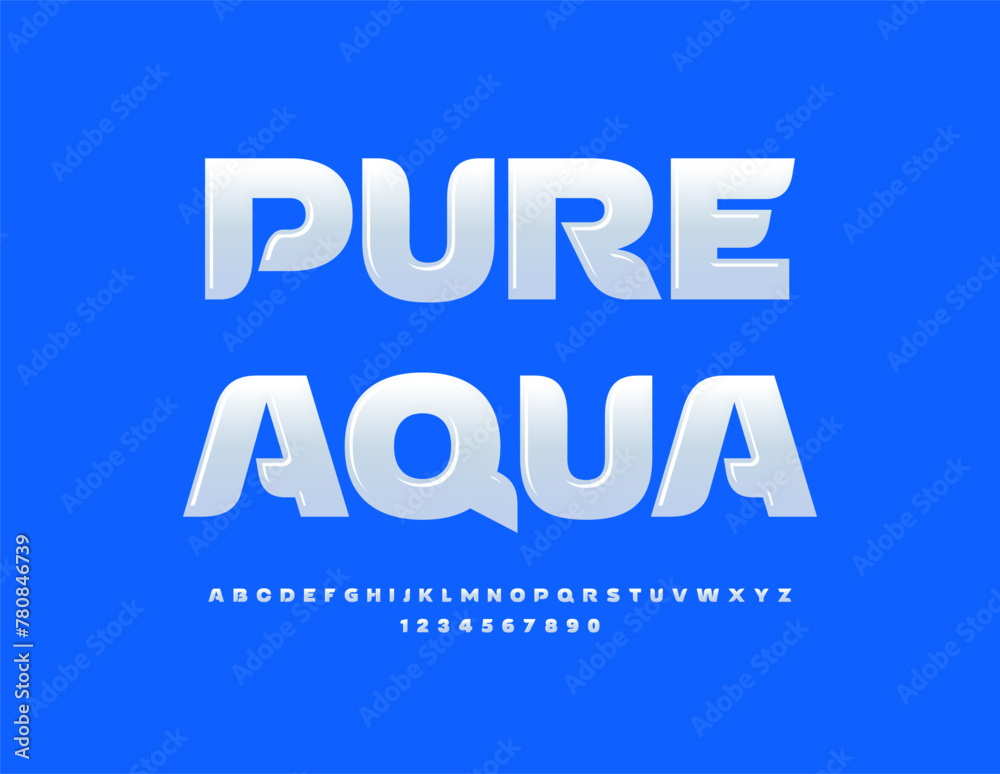 Vector eco concept Pure Aqua. Stylish White Font. Modern Glossy Alphabet Letters and Numbers set.