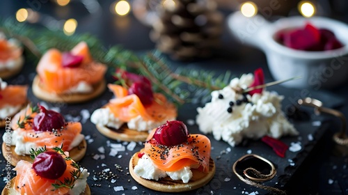 Christmas canapes with blinis with salmon, pickled beetroot and goat cheese photo