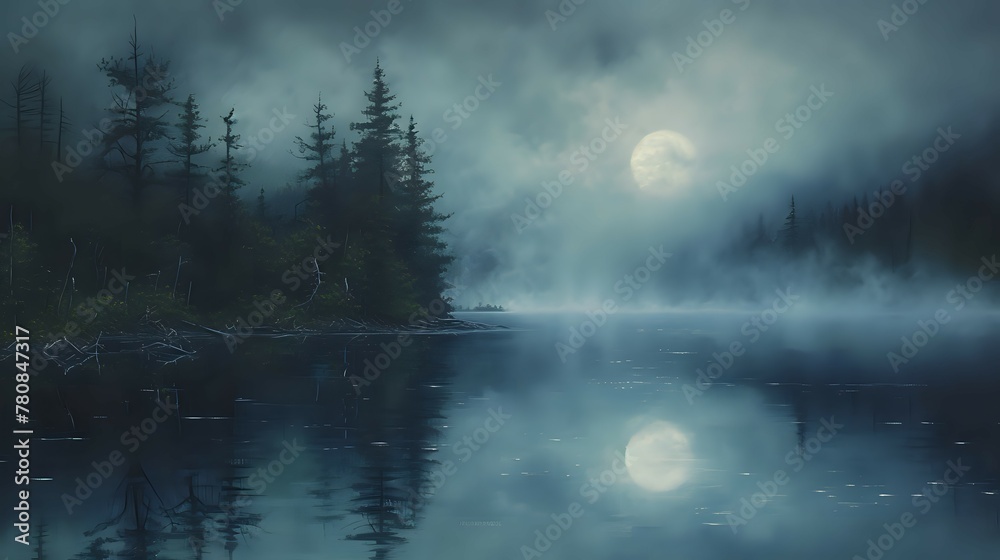 Ethereal Nightfall: Foggy Waterside Serenity./n