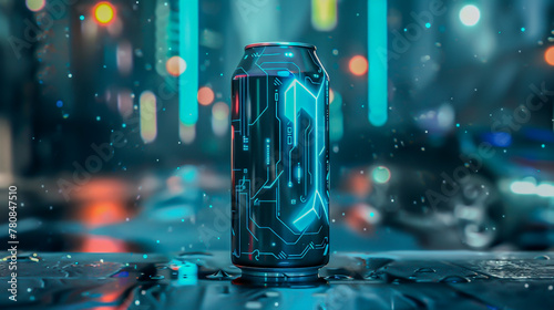 A sleek and futuristic can design that incorporates imagery of digital gaming elements and references to the competitive gaming scene photo