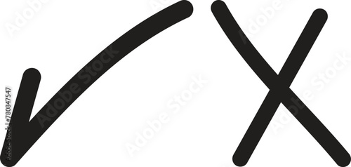 Hand drawn checkmark icon set . Hand drawn tick and cross signs. Right and wrong icons . Vector
