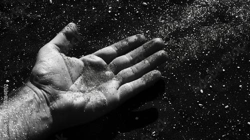 Main d homme ouverte avec pluie de sable noir  photographie noir et blanc  esth  tique expressionniste 