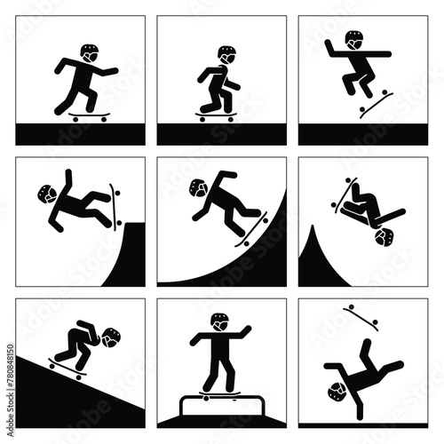 Pictograms represent performing acrobatics with skateboard. Icons of extreme adrenaline sport.