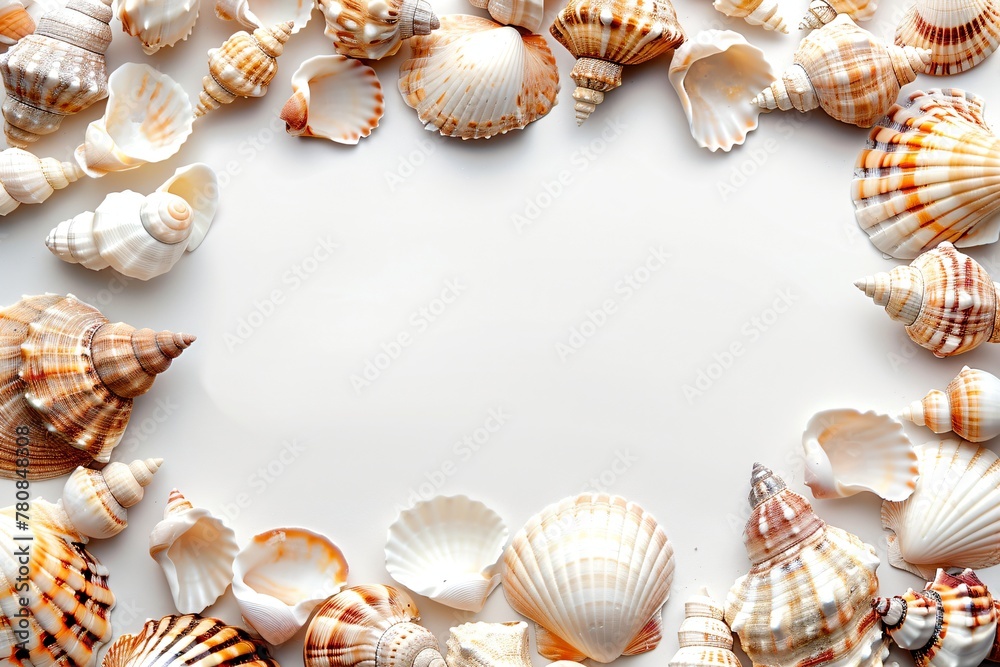 Sea shell border on a white background. Summer vacation and travel concept. Flat lay composition. Frame design for greeting, invitation, poster Sea shell border on a white background. Summer vacation and travel concept. Flat lay composition. Frame design for greeting, invitation, poster