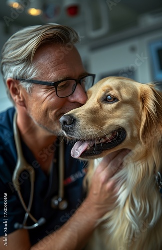 Veterinarian in uniform examines elegant golden retriever's teeth at clinic, ensuring the dog's dental health