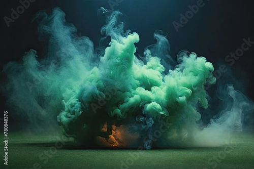Smoke colorful  dark ground light smell toxic black background. Green grass smoke cloud fart soccer night field dust. Generative AI photo