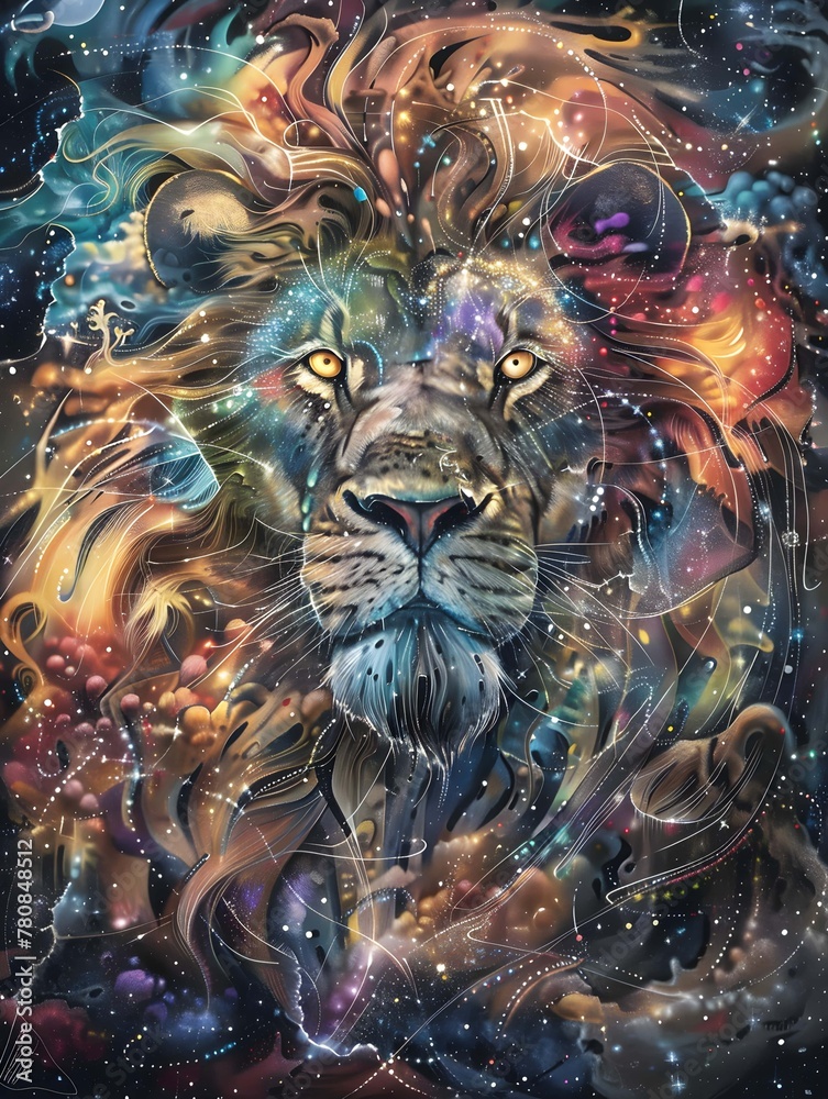cosmic lion in the style of fantasy scenes, realistic detail