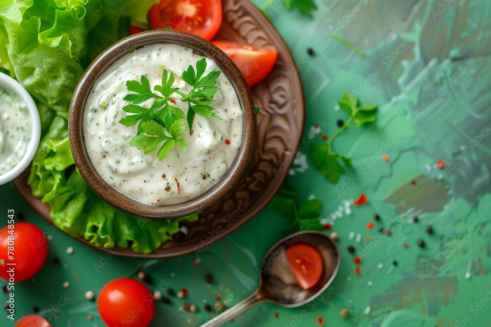 Vegetarian tartar sauce for fish and veggies Brown plate on green background Vegetarian tartar sauce for fish and veggies Brown plate on green background
