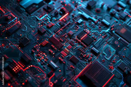 Futuristic Close-up of Glowing Electronic Circuit Board with Components