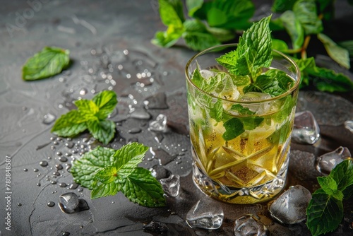 Vertical photo of mint julep glass with fresh mint on table