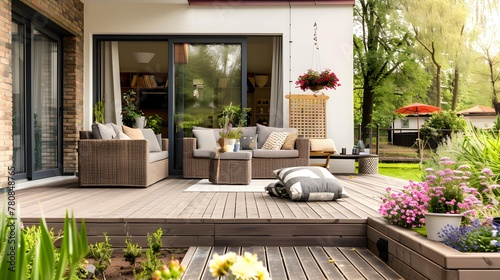 Cozy patio area with garden furniture, sliding doors and decking  photo