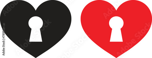 Key hole heart icon set in black and red colors . Heart with keyhole icon . Key of love symbol . Heart shaped padlock icon vector