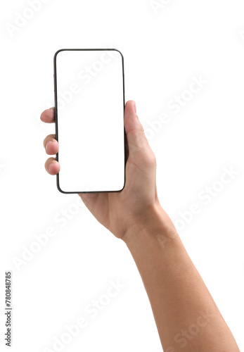 Man holding smartphone with blank screen isolated on white, closeup. Mockup for design photo
