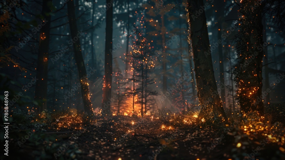 Fire in the forest. The fire burns the trees. Cinematic. AI generative. - obrazy, fototapety, plakaty 