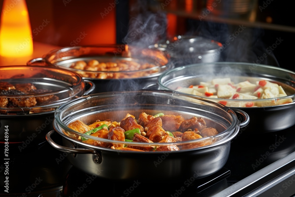 Close-up of mouthwatering homemade casseroles with flavorful meat and farm-fresh vegetables Close-up of mouthwatering homemade casseroles with flavorful meat and farm-fresh vegetables