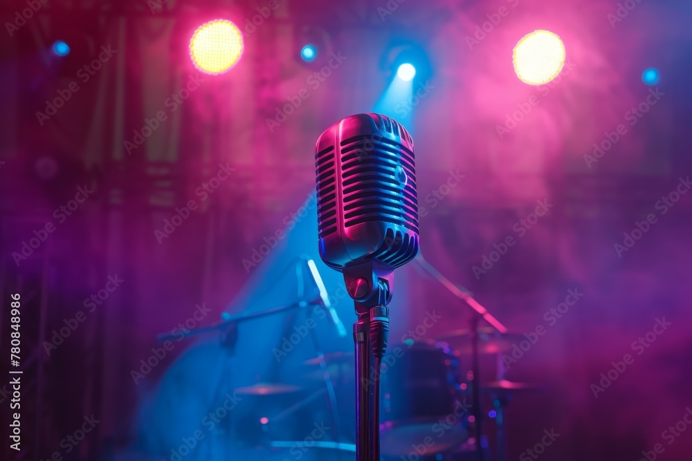 Vintage microphone on stage with blue and pink lighting in retro style ...