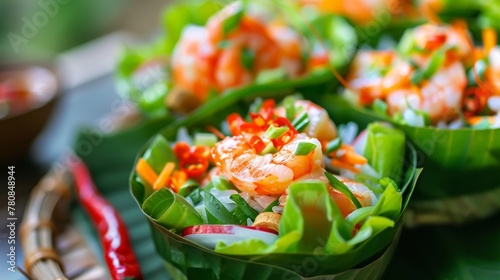 Thai dishes. traditional Thai snack miang kum, Wraps of mini salad with Thai shrimp.  photo