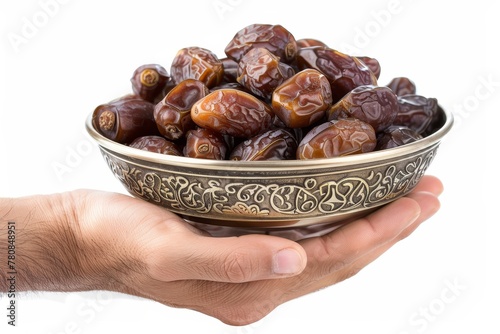 Vintage metal bowl filled with pitted dates symbolizing Ramadan