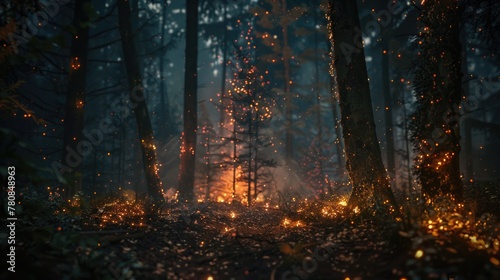 Fire in the forest. The fire burns the trees. Cinematic. AI generative.