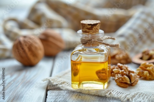 Walnut oil in bottle on white wooden background with focused shot photo