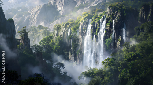 Majestic Waterfall Amidst Lush Green Forest in Ethereal Morning Light