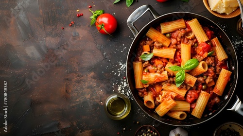 Delicious rigatoni pasta with italian tomato meat ragu sauce served in a pan on dark brown background. Traditional pasta dish concept. Home made lunch