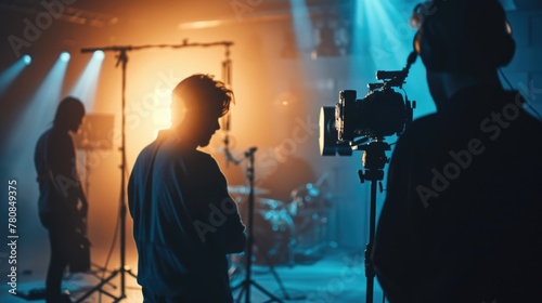 A man standing in front of a camera on a tripod. Suitable for photography or videography concepts