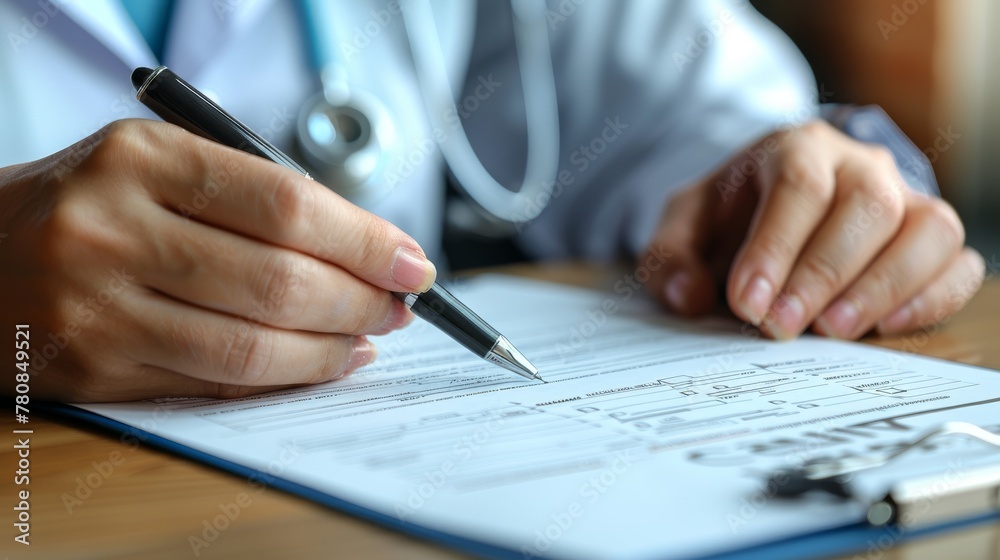 A close view of a doctor and patient holding a pen to sign a medical information form A close view of a doctor and patient holding a pen to sign a medical information form