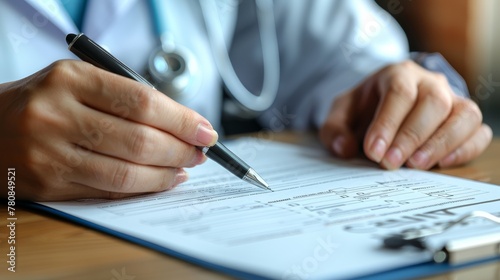 A close view of a doctor and patient holding a pen to sign a medical information form © DarkinStudio