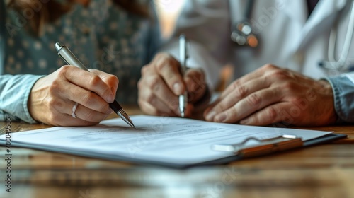 Close up of doctor and patient holding a pen to write on a medical form