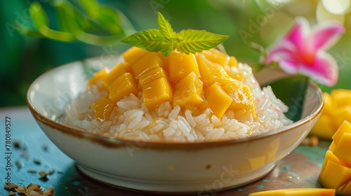 Thai dishes.Thai dessert of glutinous rice with mango (Khao Niaow Ma Muang).